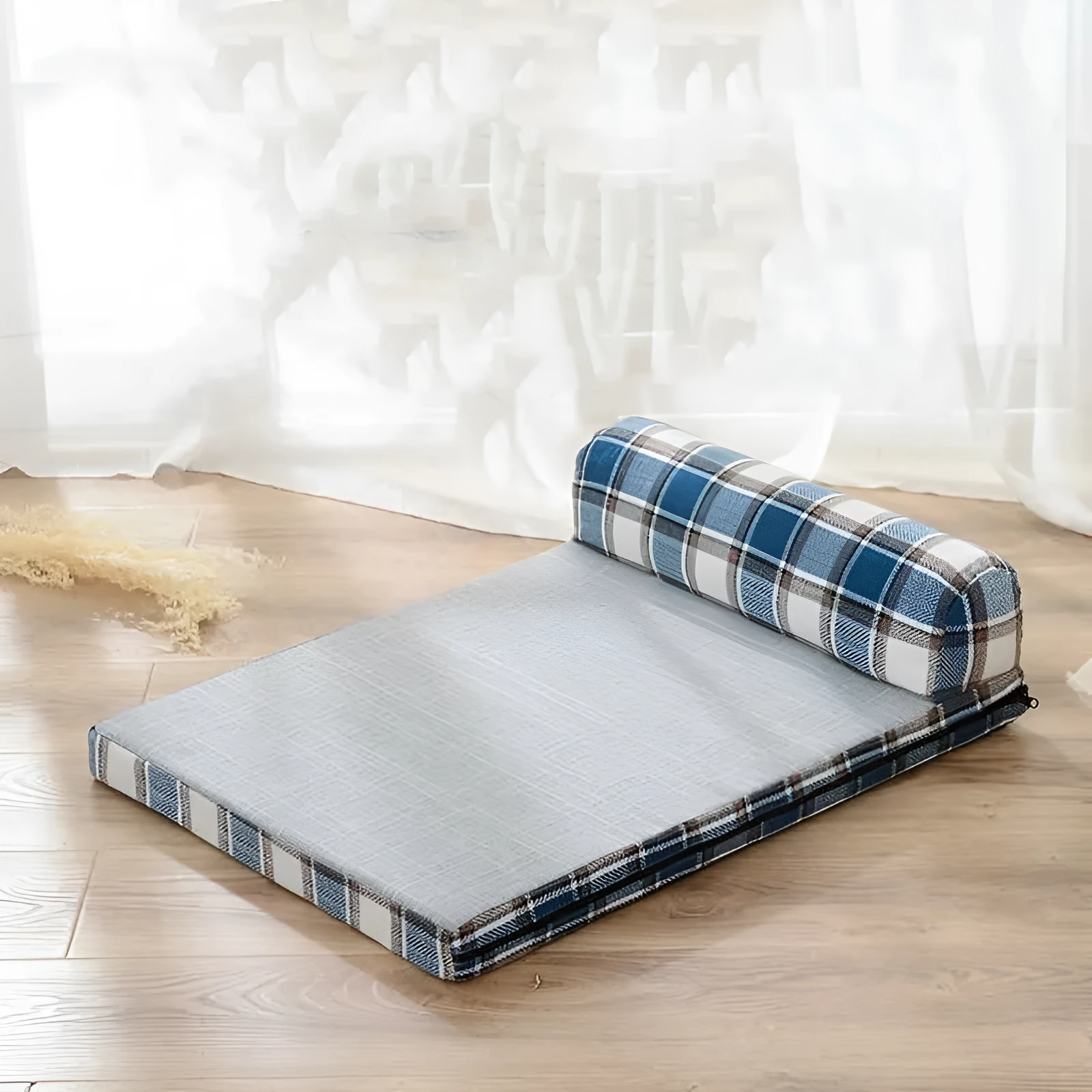 Removable washable linen dog sofa bed with fixed round headrest and foam cushion, blue check, size L