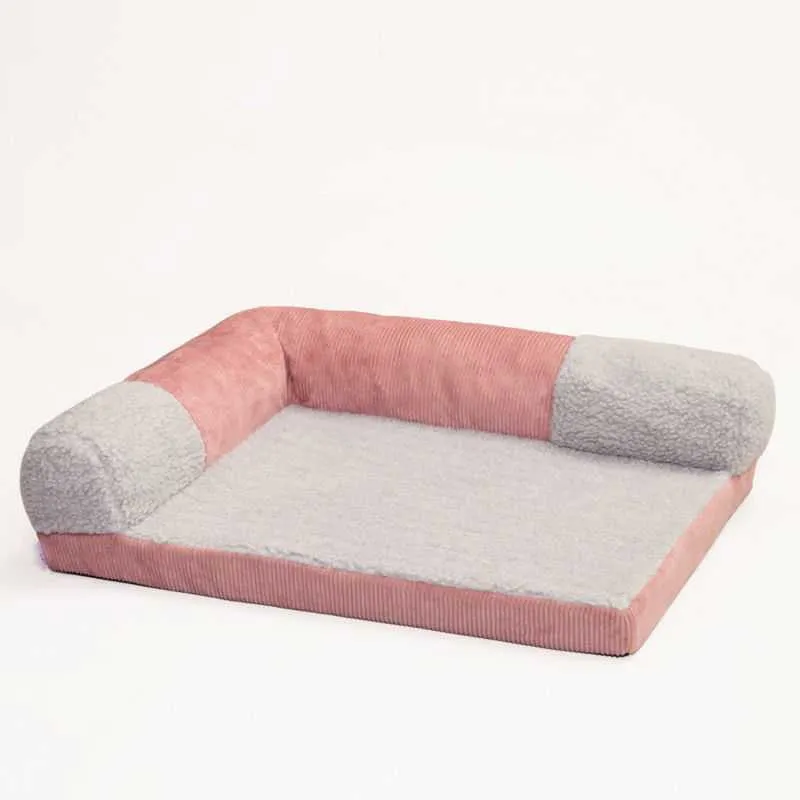 Removable washable linen dog sofa bed with fixed round headrest and foam cushion, blue check, size L