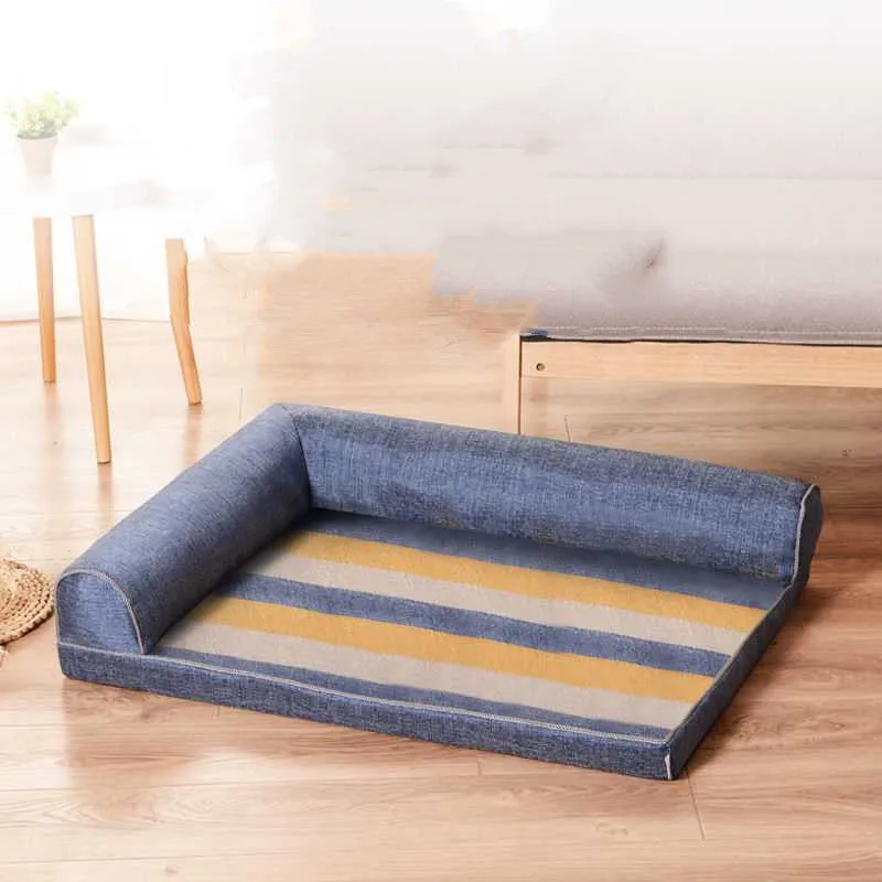 Removable washable linen dog sofa bed with fixed round headrest and foam cushion, blue check, size L