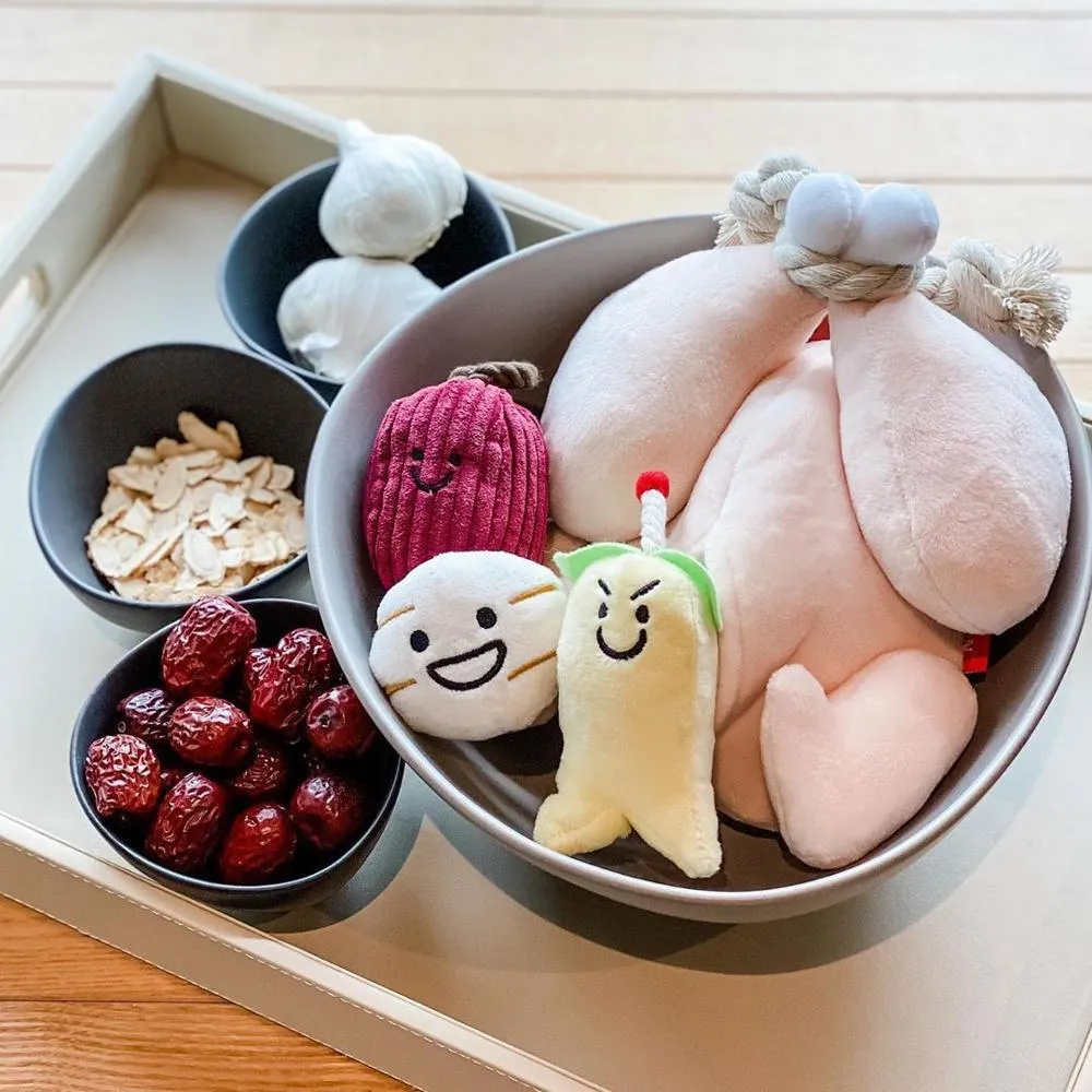 Cartoon plush chicken dog toy with removable jujube and ginseng sound parts plus teething rope on white background