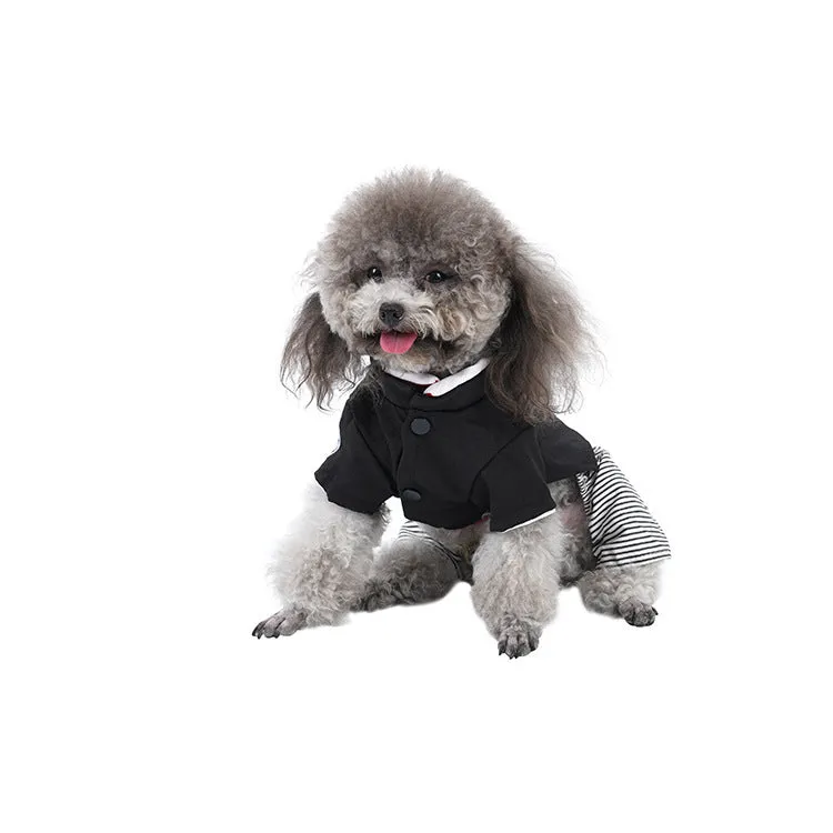 Thin cotton dog clothes for poodles in skirt and four-foot pants styles, shown in S, M, L, XL sizes.