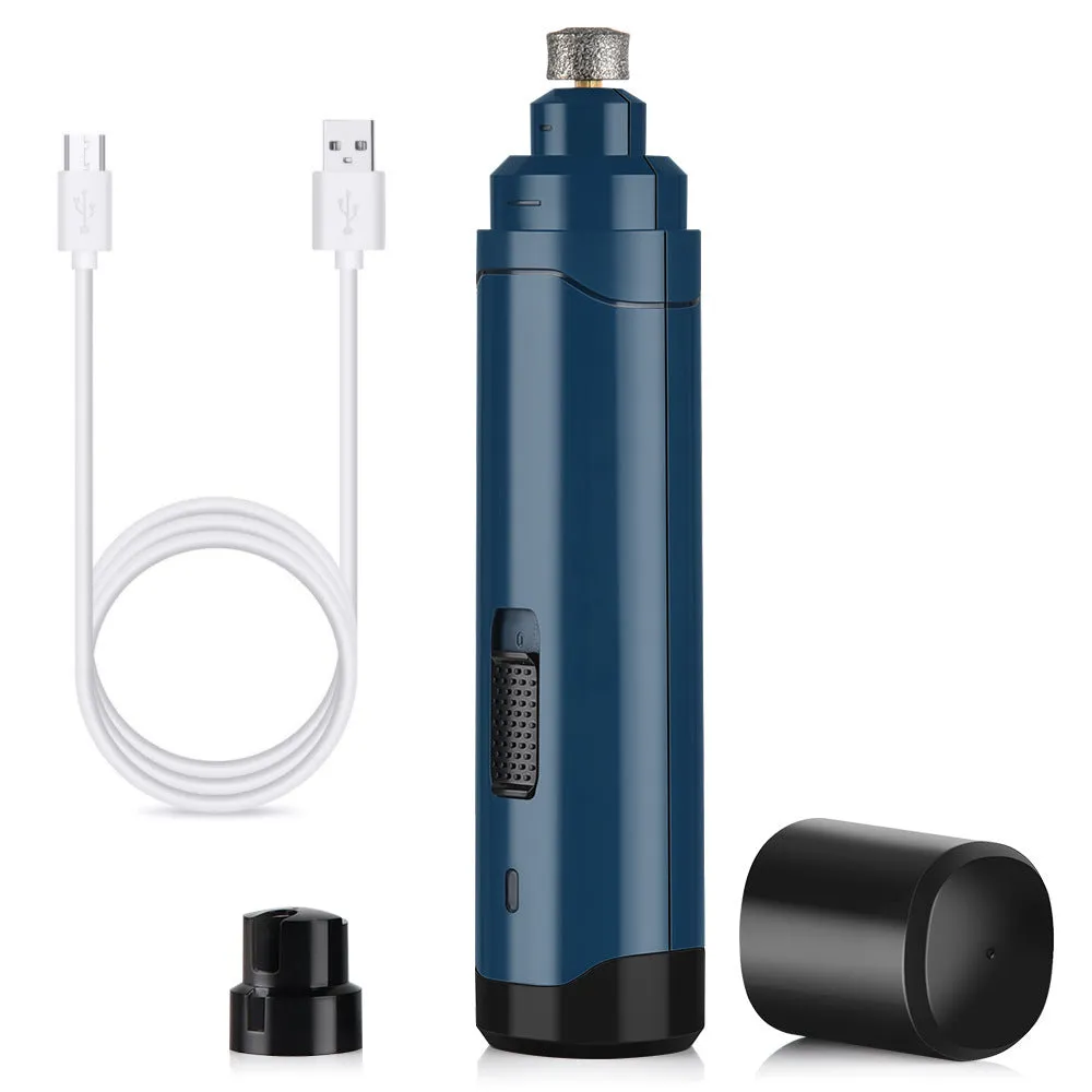 Blue plastic pet nail polisher with USB cable, dual speed 7000/8000 rpm for cats and dogs, compact size 17 cm box