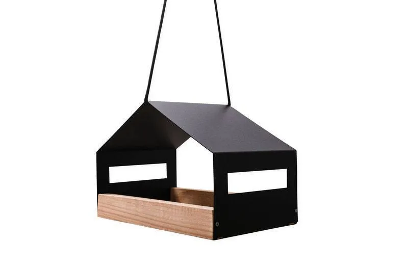 Black square geometry hanging bird feeder made from iron metal for outdoor garden decoration