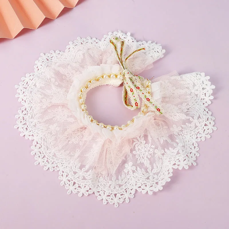 Lace gauze cat collar scarf bib in pink with embroidery for princess style accessory.
