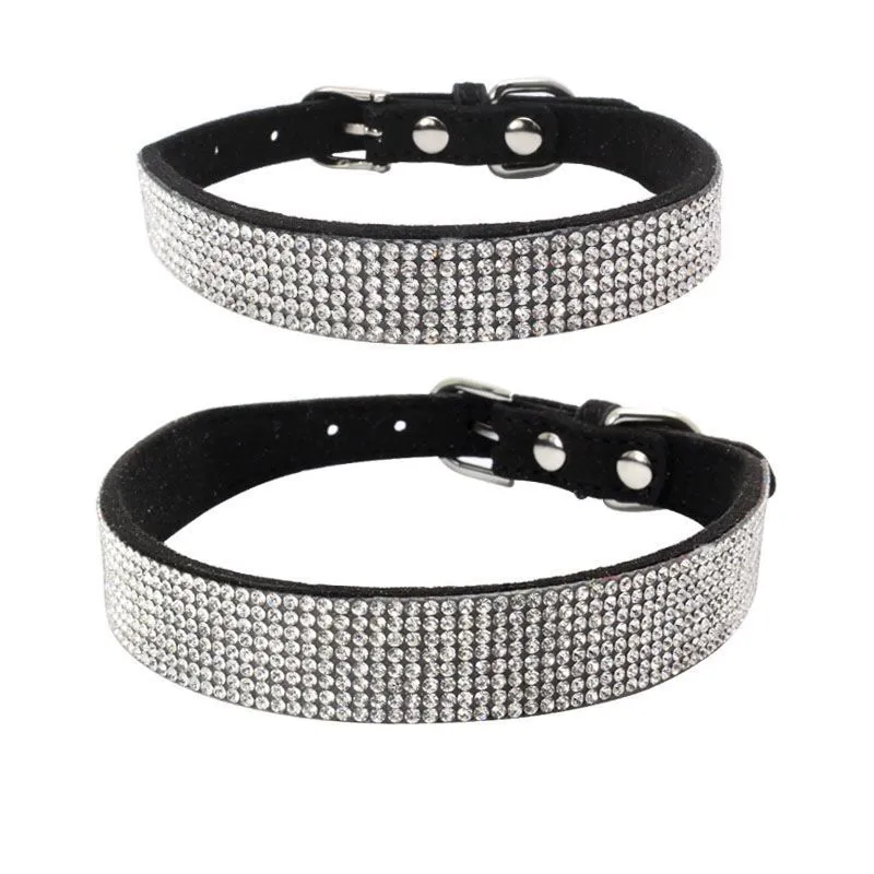 Shiny rhinestone dog collar in microfiber leather with bling diamond buckle, available in multiple colours and sizes