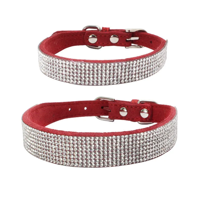 Shiny rhinestone dog collar in microfiber leather with bling diamond buckle, available in multiple colours and sizes