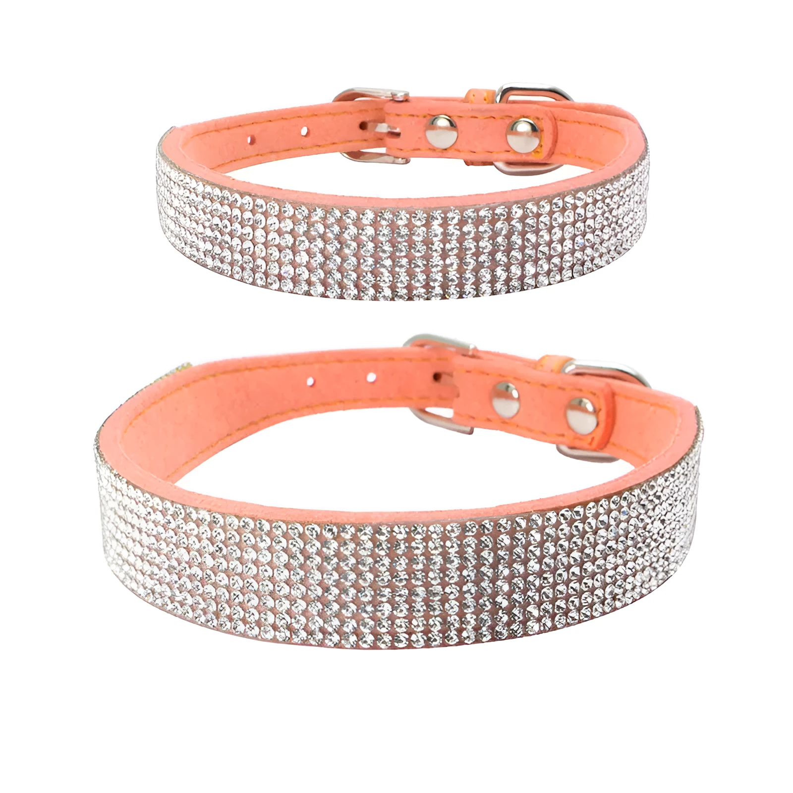 Shiny rhinestone dog collar in microfiber leather with bling diamond buckle, available in multiple colours and sizes