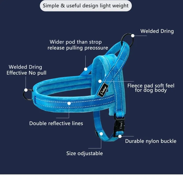 No pull dog harness: leather with padded strap, colour options Black, Blue, Pink, sizes L to XXS