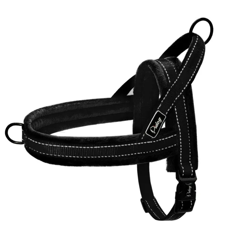 No pull dog harness: leather with padded strap, colour options Black, Blue, Pink, sizes L to XXS