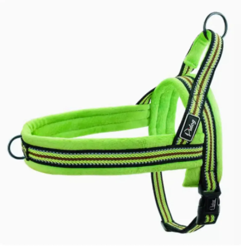 No pull dog harness: leather with padded strap, colour options Black, Blue, Pink, sizes L to XXS