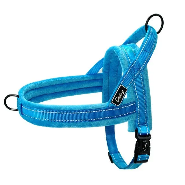No pull dog harness: leather with padded strap, colour options Black, Blue, Pink, sizes L to XXS