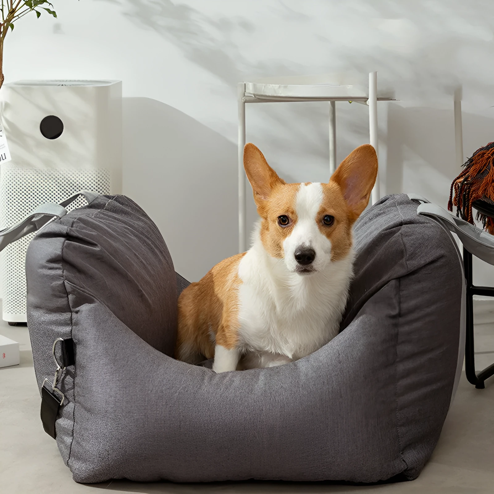 Dog car kennel cushion for co-driver seat in grey cationic linen, suitable for pets under 10kg