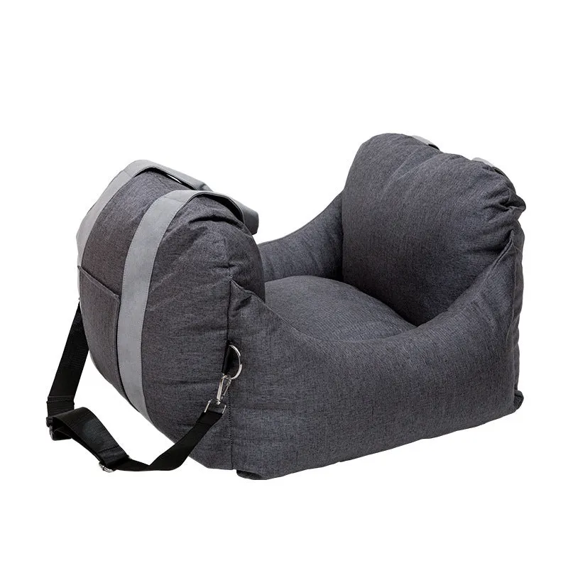 Dog car kennel cushion for co-driver seat in grey cationic linen, suitable for pets under 10kg