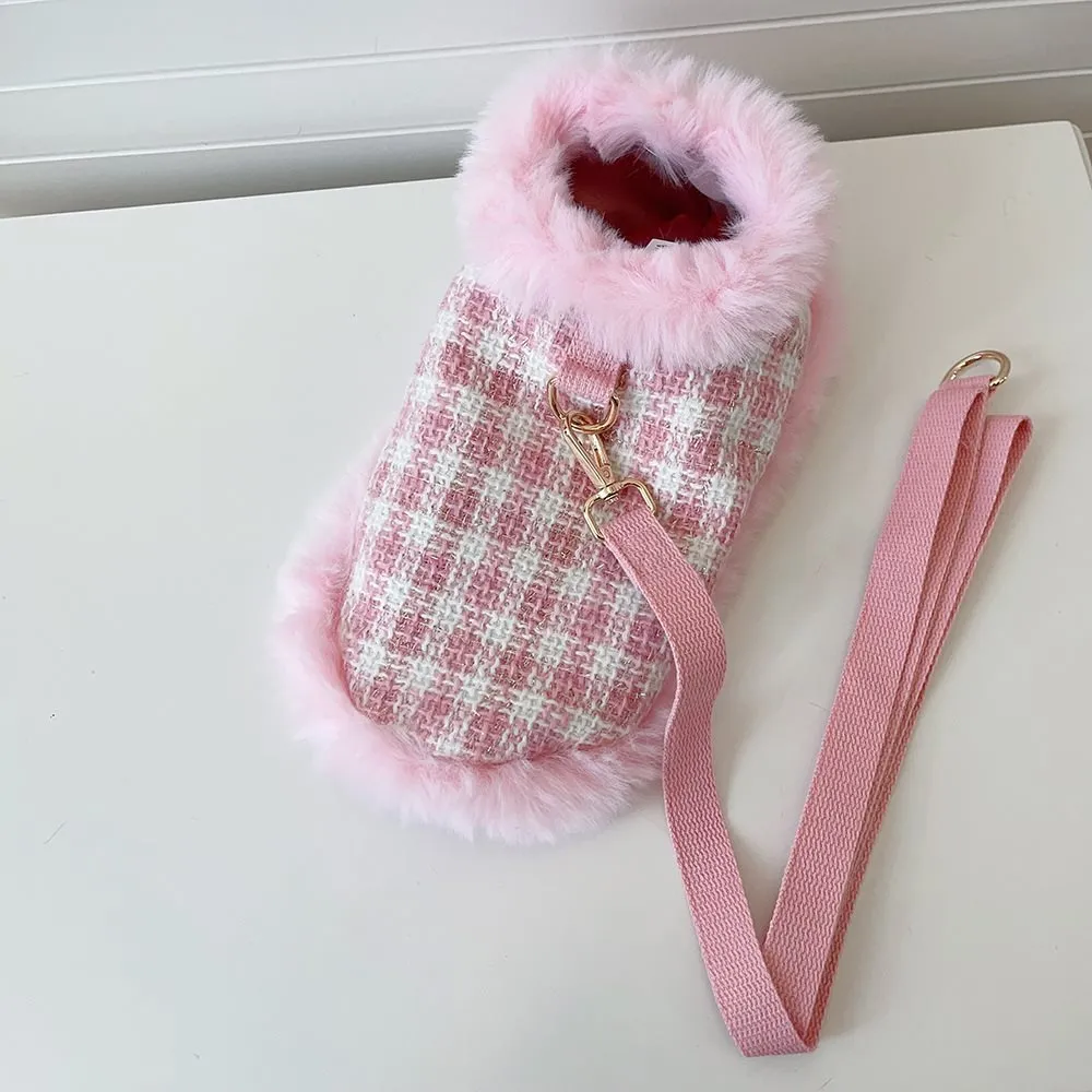 Pink polyester cat costume set with cape, beret and hand-holding rope leash in sizes XS to XL