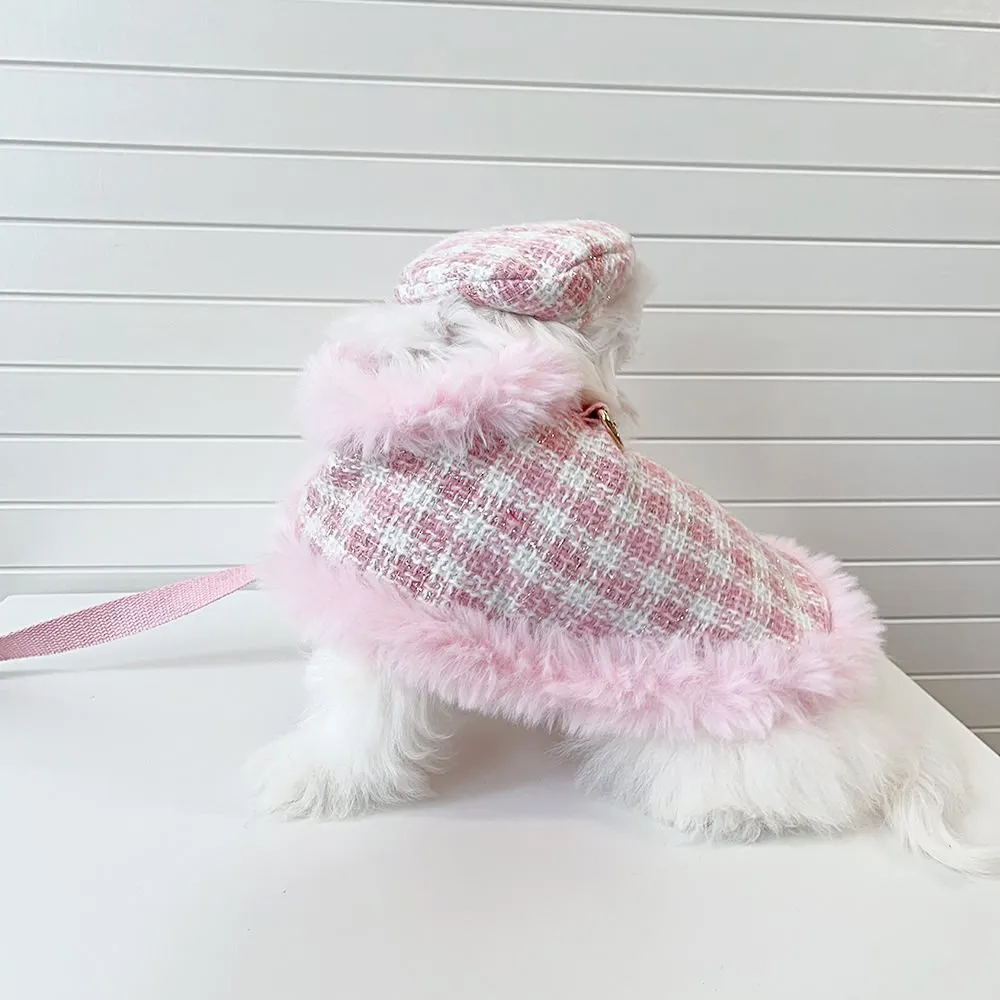 Pink polyester cat costume set with cape, beret and hand-holding rope leash in sizes XS to XL