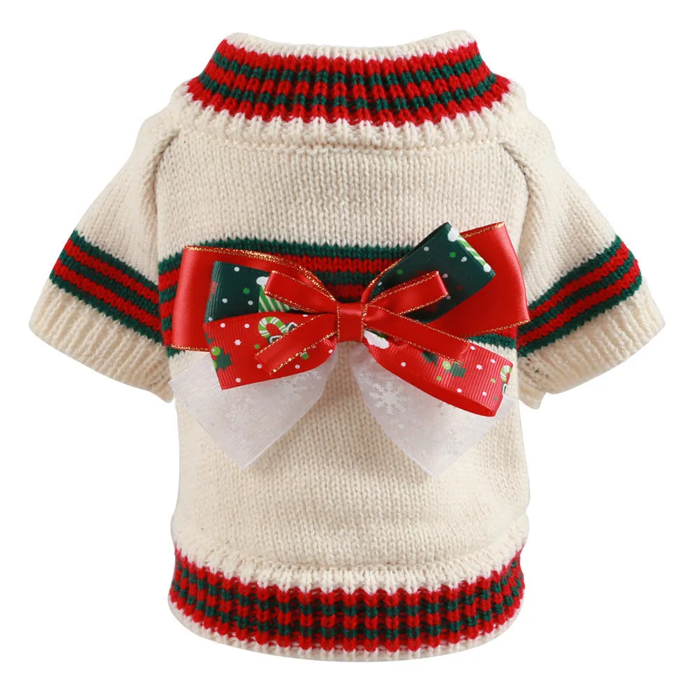 Red 'Merry Christmas' knitted jumper on a small dog, showing festive pattern and full-body fit.