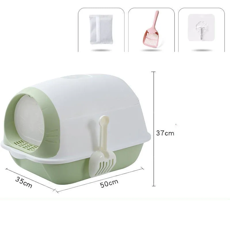 Elevated semi-closed cat litter box with flip cover in grey purple, includes shovel and deodorant bag