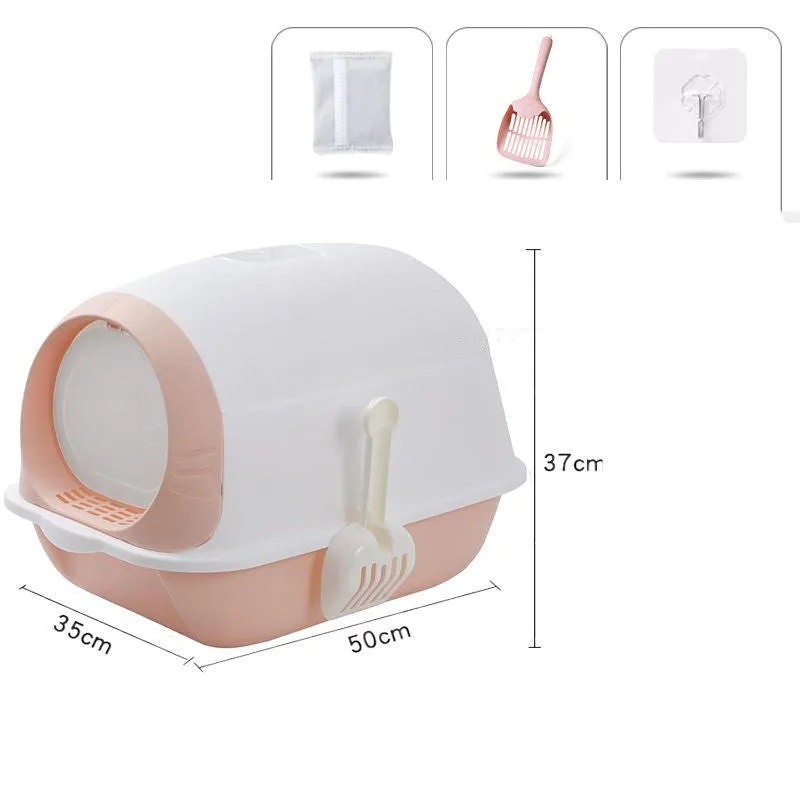Elevated semi-closed cat litter box with flip cover in grey purple, includes shovel and deodorant bag