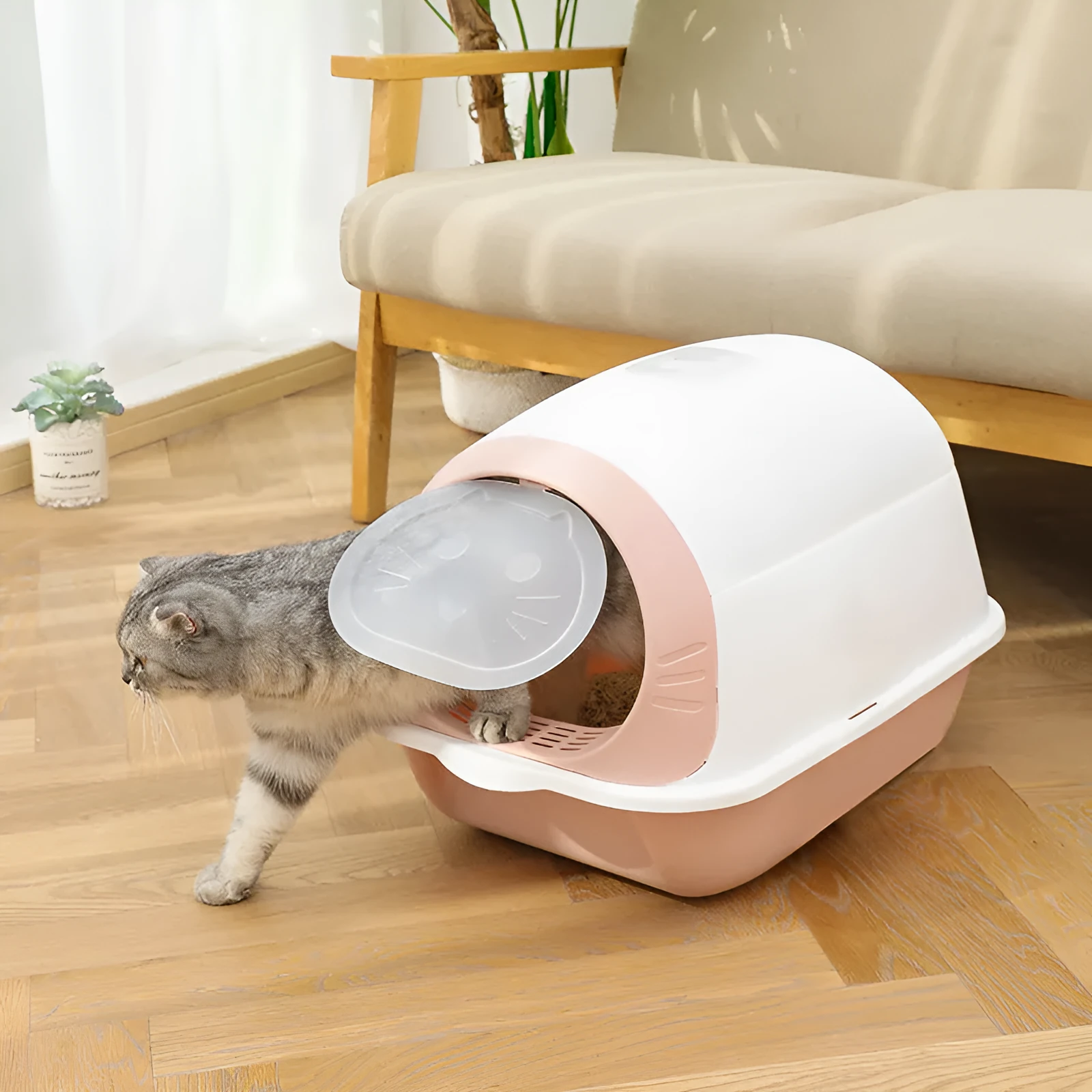 Elevated semi-closed cat litter box with flip cover in grey purple, includes shovel and deodorant bag