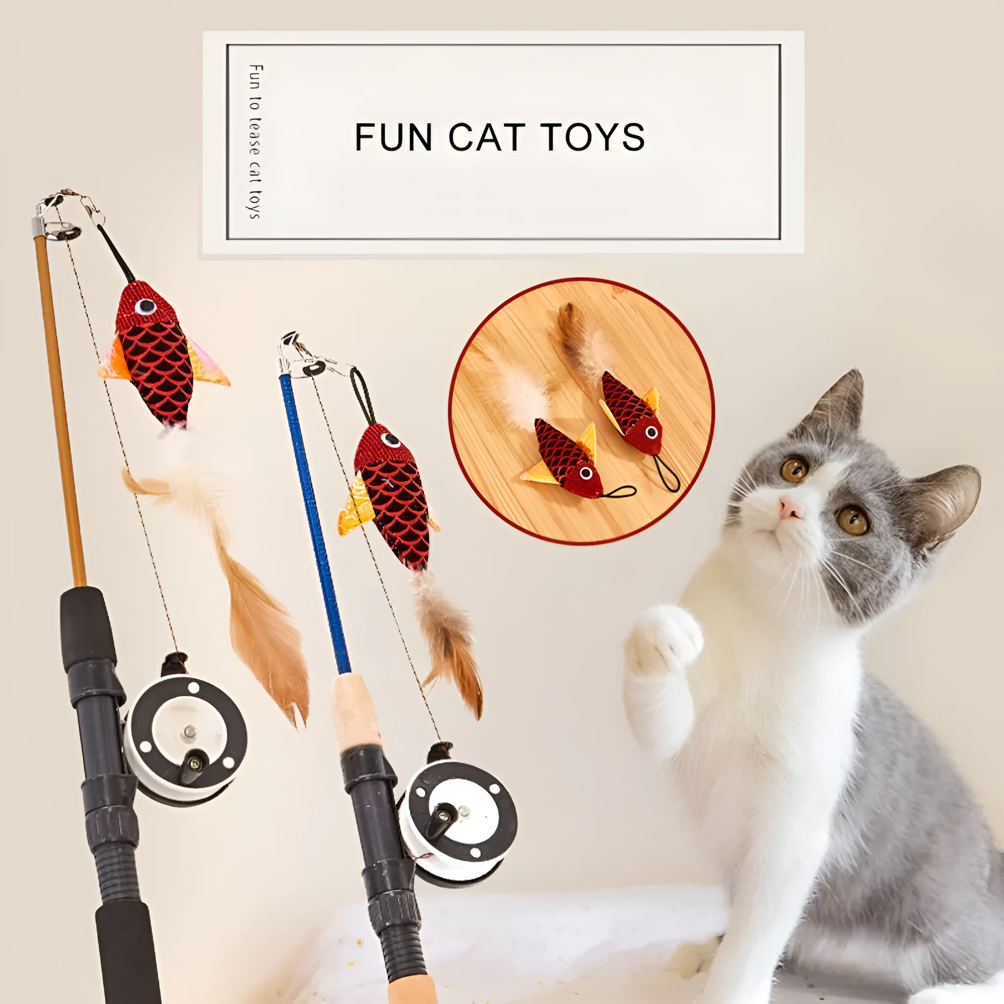 Cat teaser feather toy with retractable rod, plush fish replacement, and feather on a random colour base