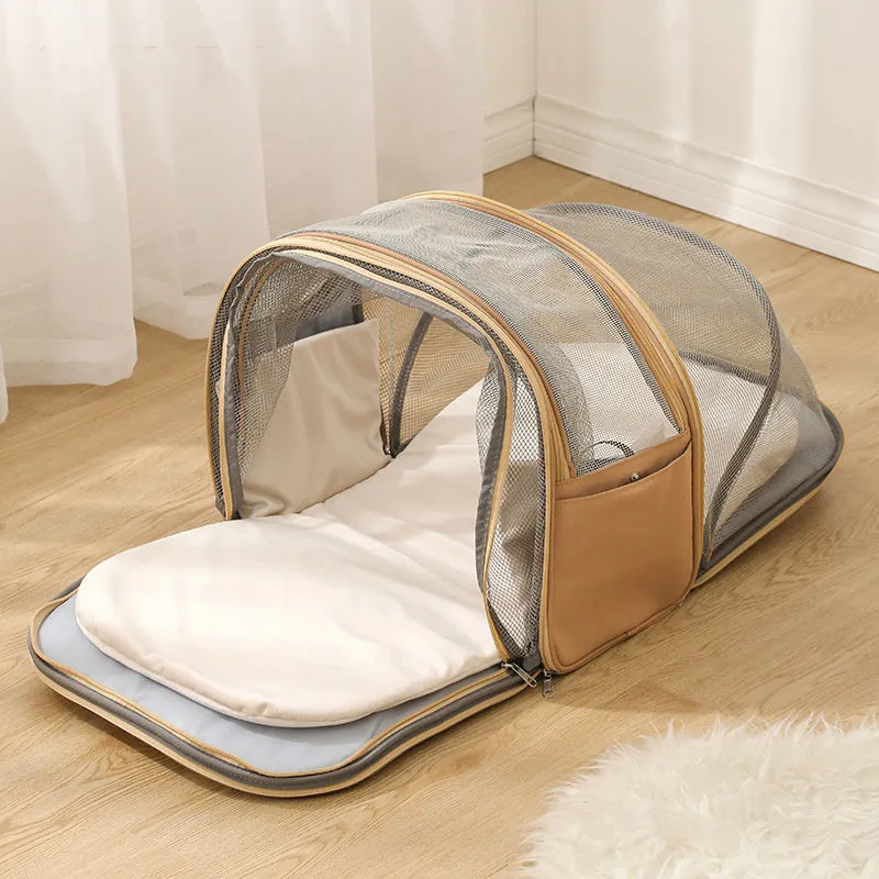 Grey nylon foldable pet travel backpack with pull-rod and 50-60 litre capacity