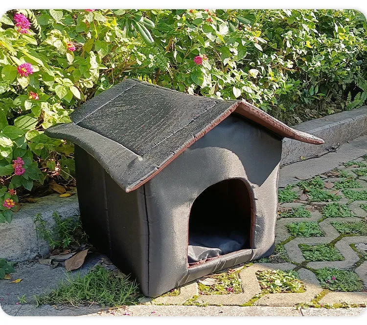 Black outdoor waterproof Oxford cloth cat shelter for stray cats on grass with detachable house nest design