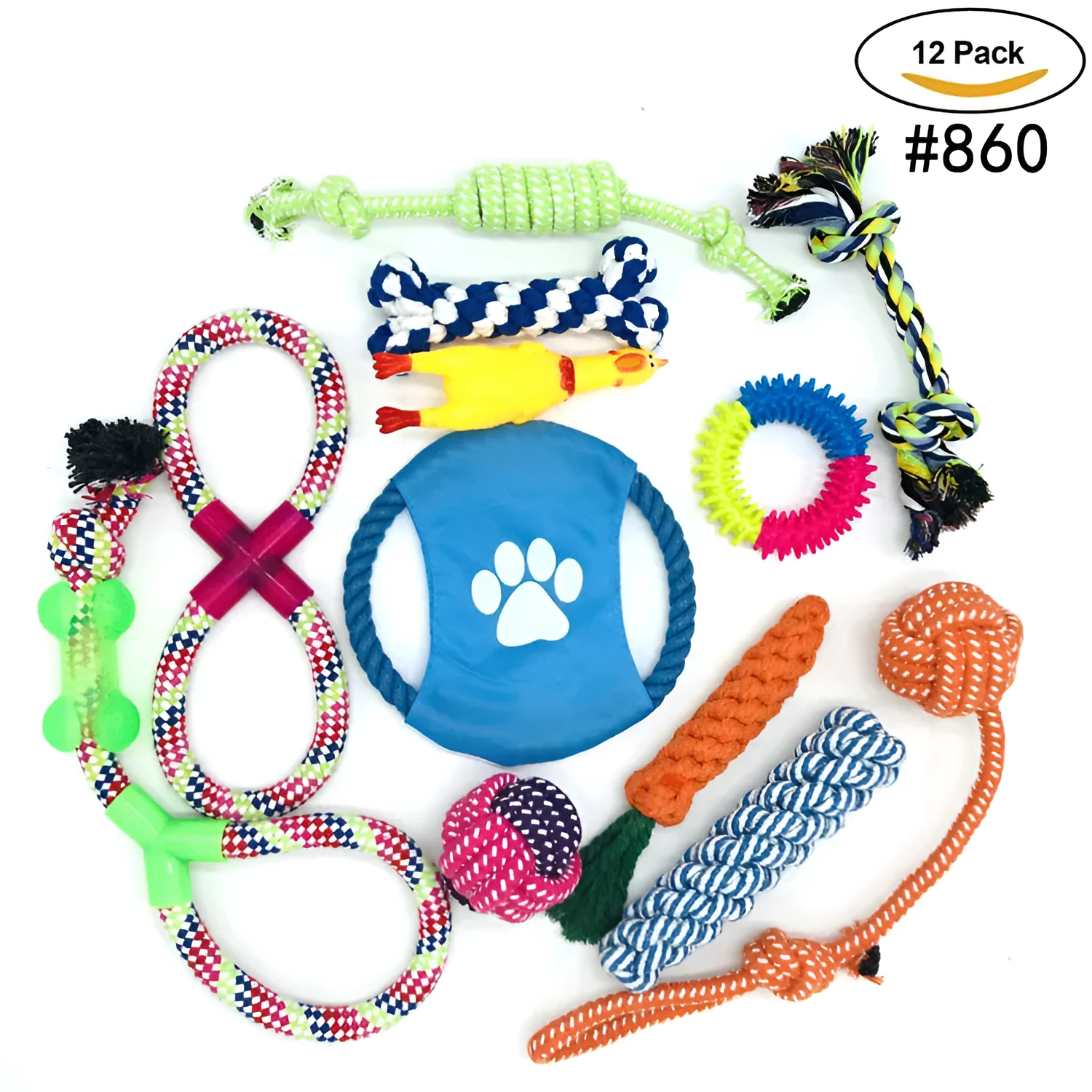 12-piece cotton rope pet toy set in assorted colours for bite-resistant interactive dog play