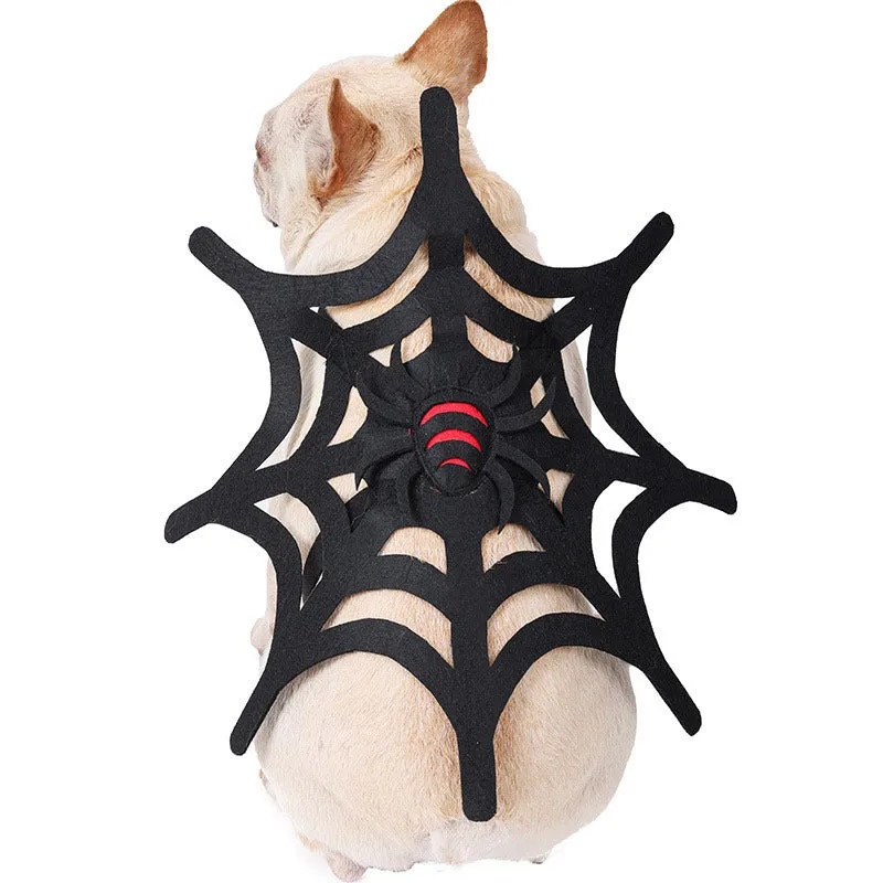 Black felt cloth Halloween spider web costume for cats and dogs, with size chart showing neck and bust measurements