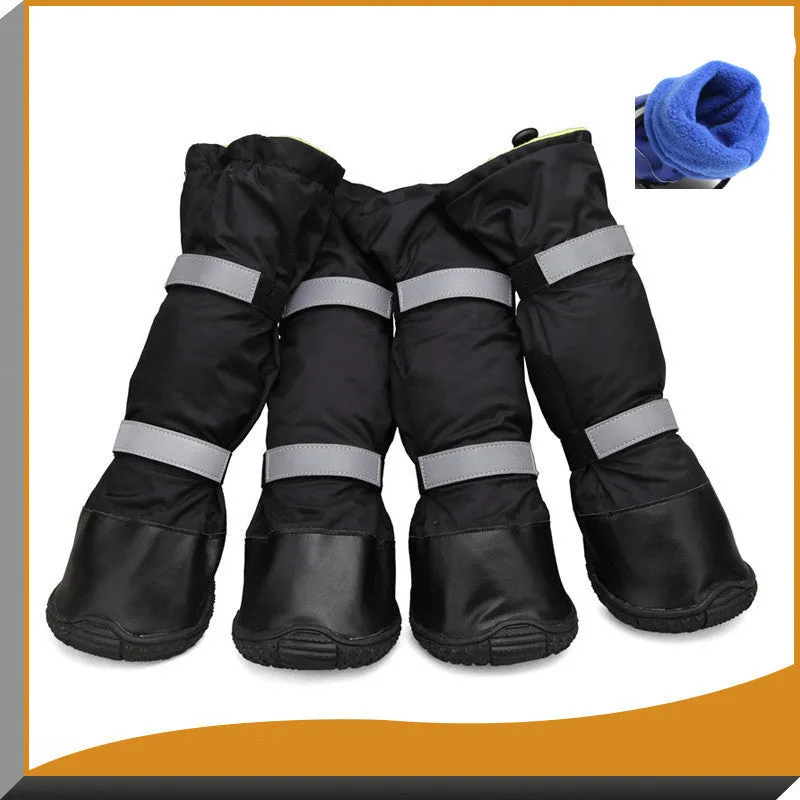 Waterproof dog rain boots in blue with reflective straps and flannel lining