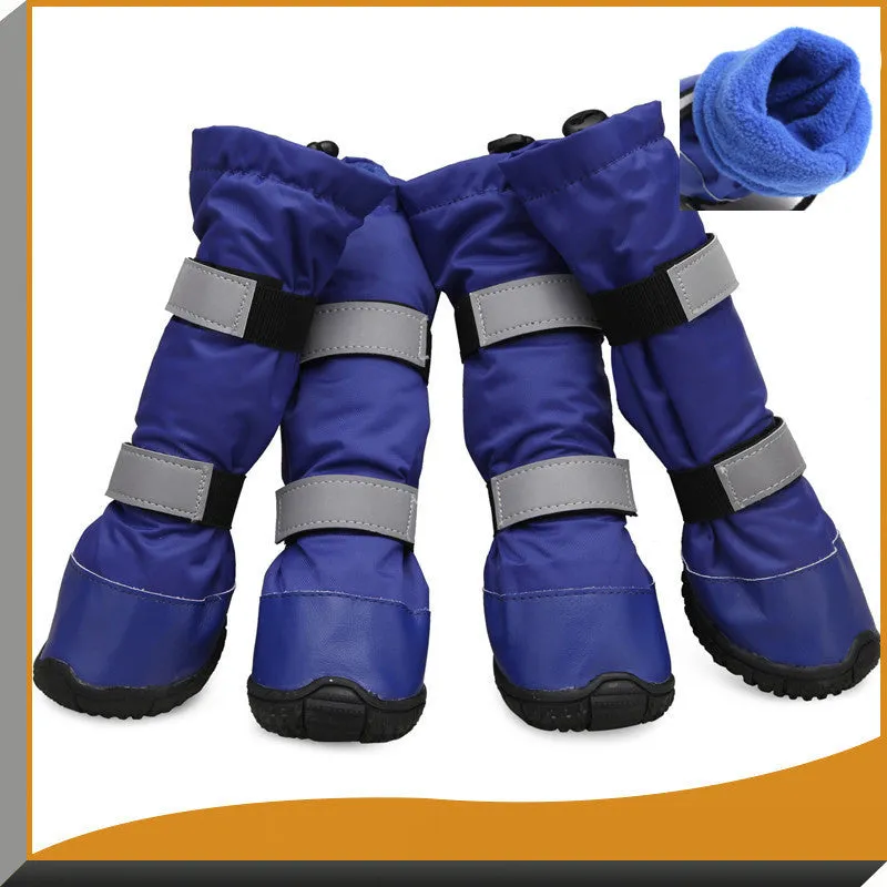Waterproof dog rain boots in blue with reflective straps and flannel lining