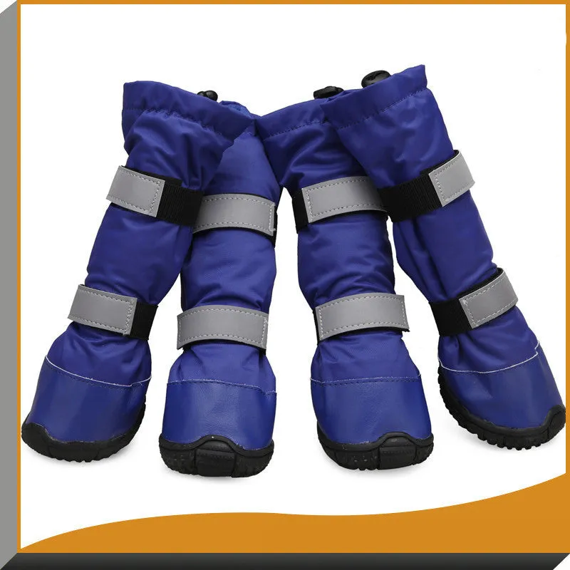 Waterproof dog rain boots in blue with reflective straps and flannel lining