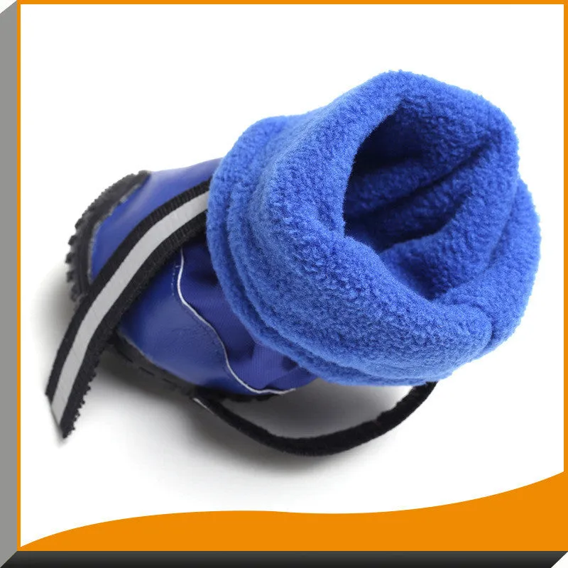 Waterproof dog rain boots in blue with reflective straps and flannel lining