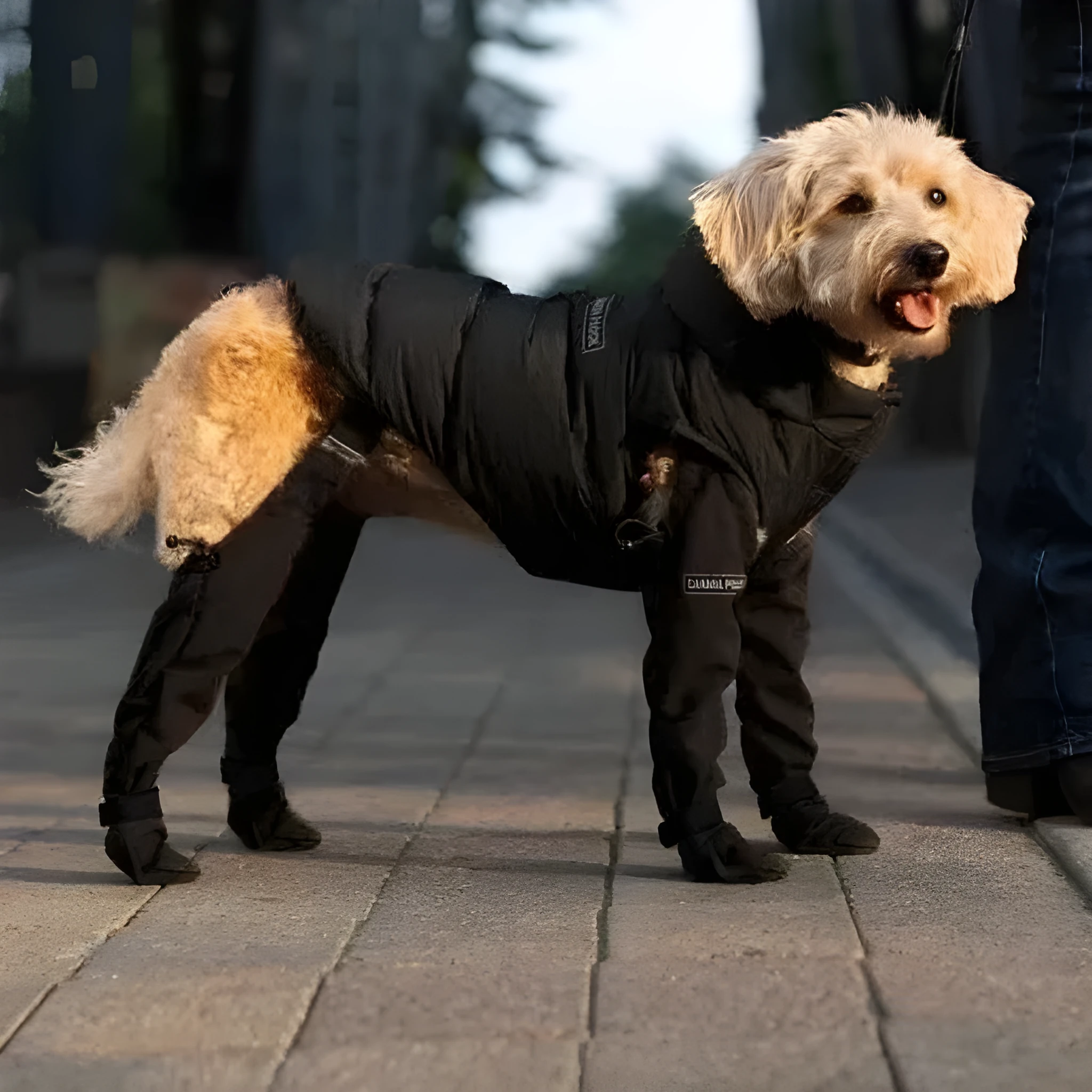 Black dog shoes with adjustable ankle straps, set of four waterproof paw protectors.
