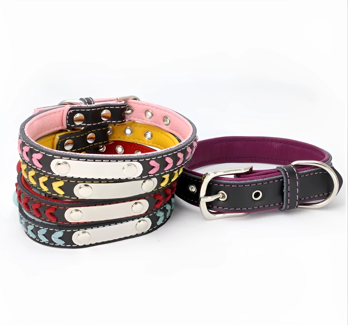 Stainless steel iron dog collar with laser lettering on genuine leather strap, available in blue, pink, purple, red and yellow