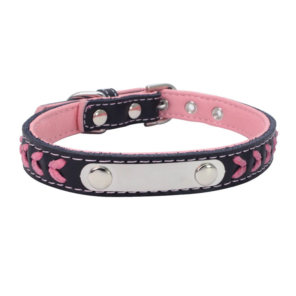 Stainless steel iron dog collar with laser lettering on genuine leather strap, available in blue, pink, purple, red and yellow