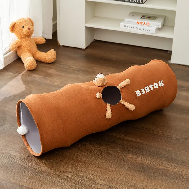 Brown bear small 0.8 m straight foldable polyester taffeta cat tunnel on a light wood floor