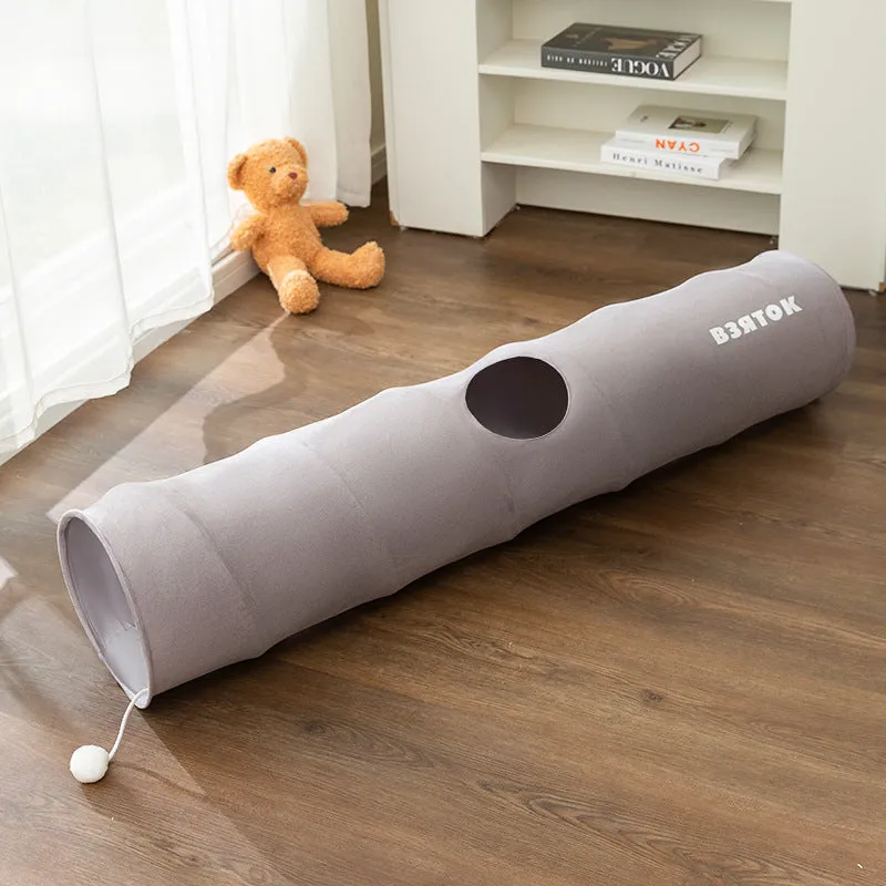 Brown bear small 0.8 m straight foldable polyester taffeta cat tunnel on a light wood floor