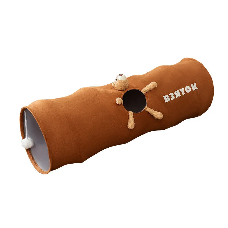 Brown bear small 0.8 m straight foldable polyester taffeta cat tunnel on a light wood floor