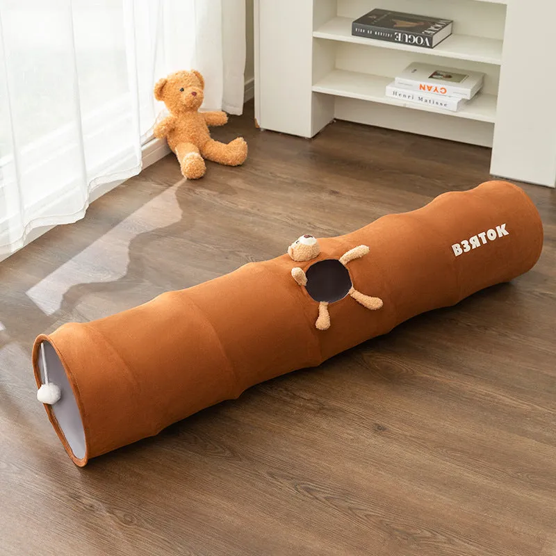 Brown bear small 0.8 m straight foldable polyester taffeta cat tunnel on a light wood floor