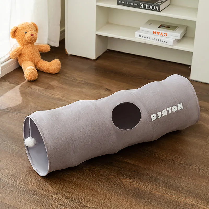 Brown bear small 0.8 m straight foldable polyester taffeta cat tunnel on a light wood floor