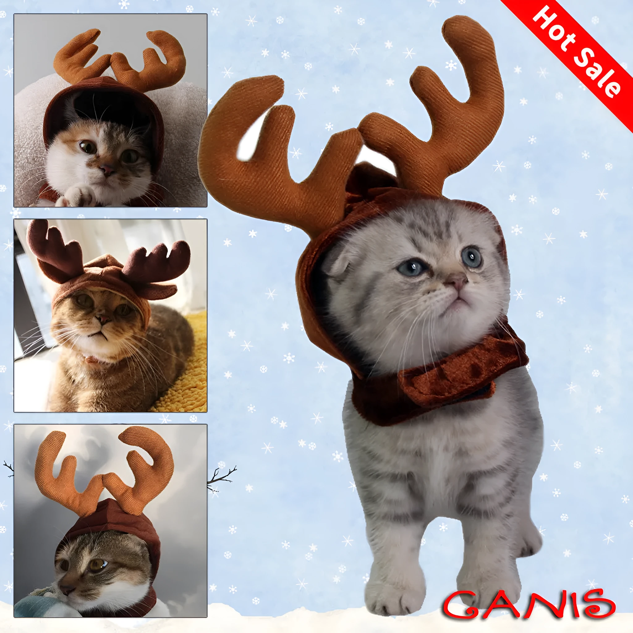 Brown Christmas deer hat with antlers on a cat or small dog