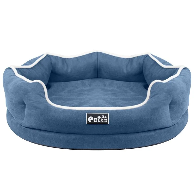 Blue Liscel fabric sponge-filled dog cushion on a sofa for pet comfort