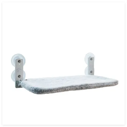 Folding cat hammock with stainless steel frame in large size, gray plush fabric, on a pet bed