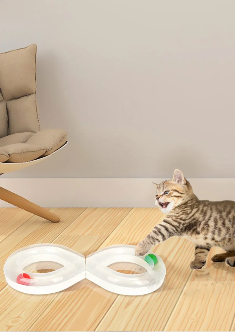 Cat toy turntable with a ball on a circular track, white and blue plastic, 50cm wide, for interactive play