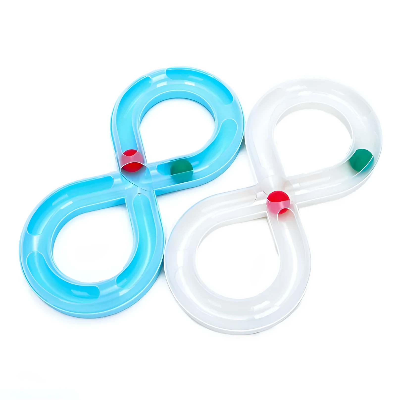 Cat toy turntable with a ball on a circular track, white and blue plastic, 50cm wide, for interactive play