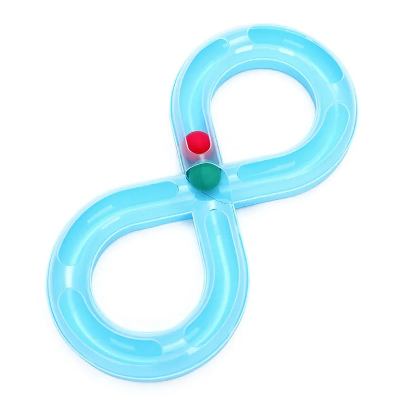 Cat toy turntable with a ball on a circular track, white and blue plastic, 50cm wide, for interactive play