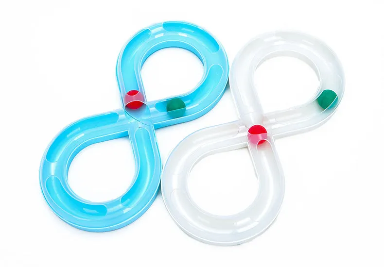 Cat toy turntable with a ball on a circular track, white and blue plastic, 50cm wide, for interactive play
