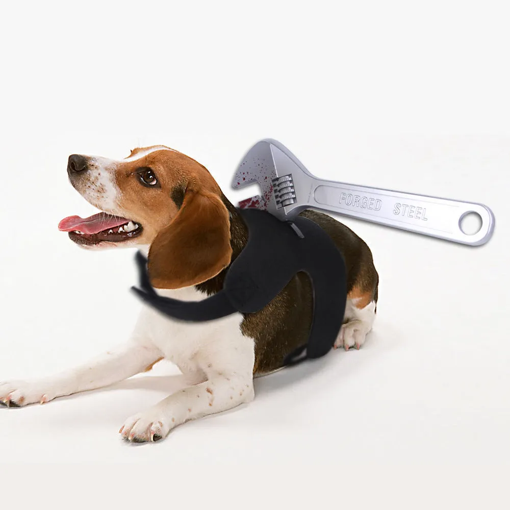 Black felt pet costume vest with plastic bloody knife blade for cats and dogs, hook and loop fasteners, three sizes