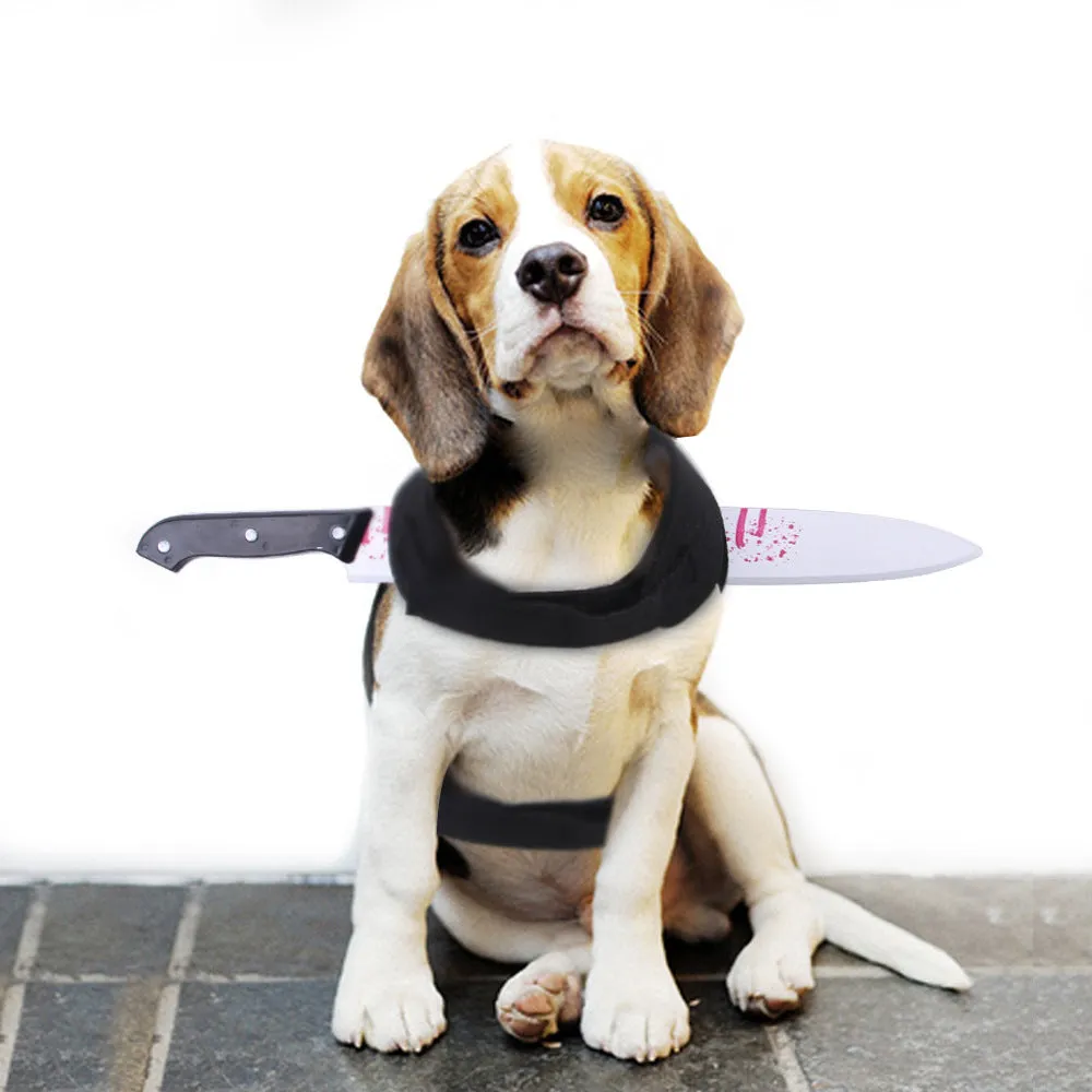 Black felt pet costume vest with plastic bloody knife blade for cats and dogs, hook and loop fasteners, three sizes