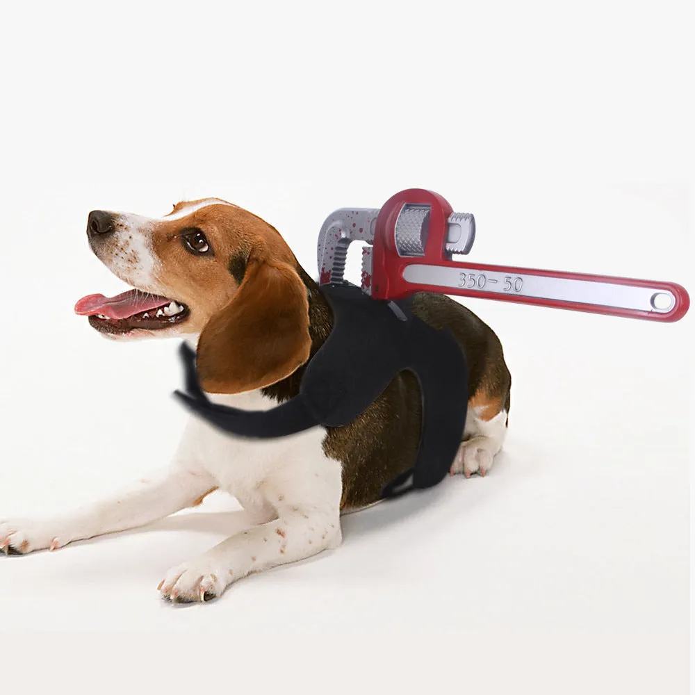 Black felt pet costume vest with plastic bloody knife blade for cats and dogs, hook and loop fasteners, three sizes
